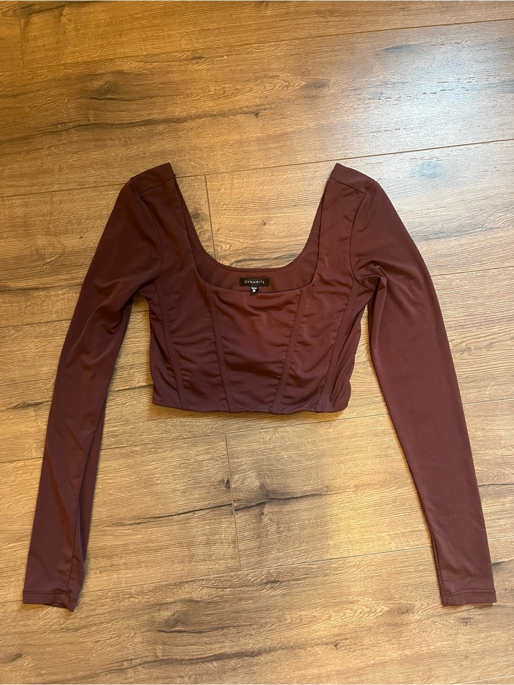 DYNAMITE Burgundy Long Sleeve Square Neck Crop Top